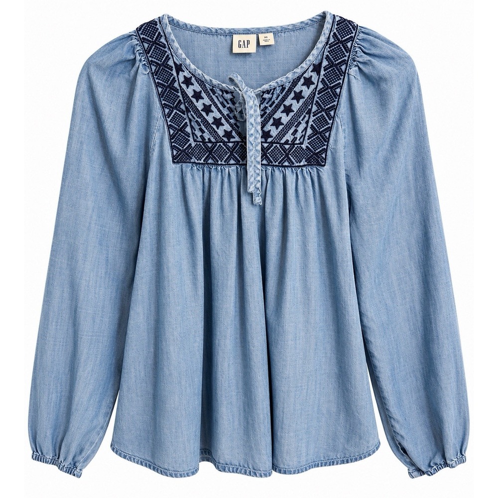 Gap Chambray Women's Embroidered Peasant Blouse XS Boho Western Prairie Lyocell